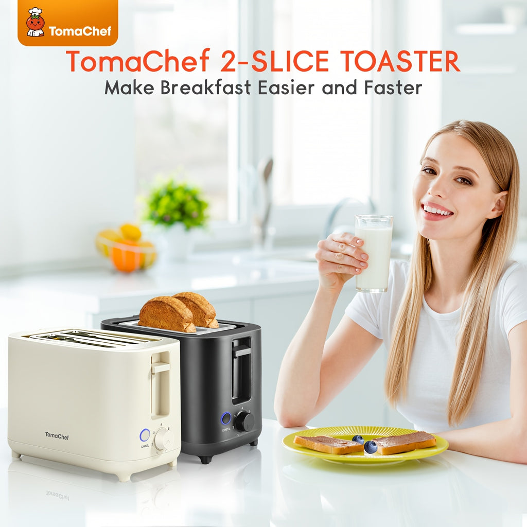 Compact 2 Slice Toaster by TomaChef, 700W with 7 Browning Settings and Removable Crumb Tray for Bread, Bagels and Waffles, Pitch-Black or Off-White