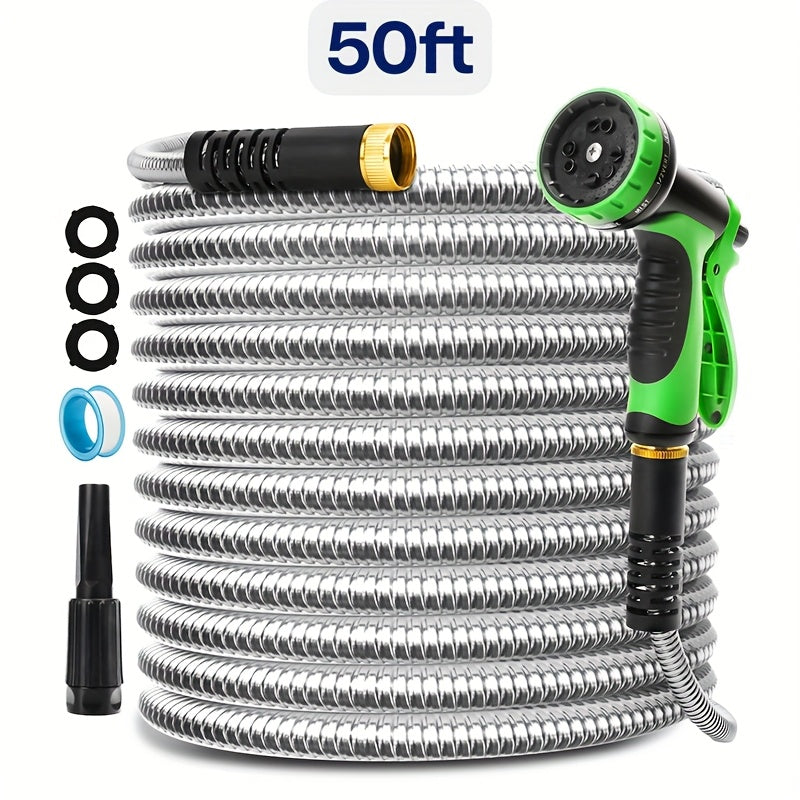 Metal Outdoor Watering Hose with Listed Stainless Steel Design, 50ft or 100ft Options and Ambiguous Three-Fitting and Ten-Function Nozzle Wording for Garden Care