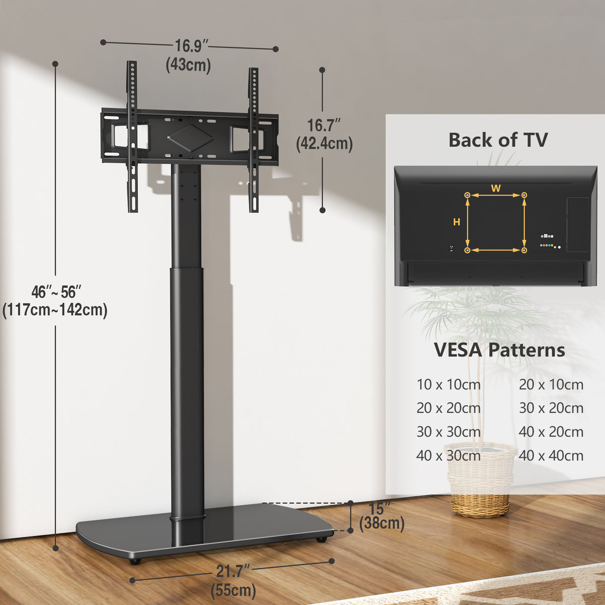 Swivel TV Floor Stand with Adjustable Height and Tempered Glass Base, Cable Management and Black or White Options for Compatible 32–65 Inch Television Setups