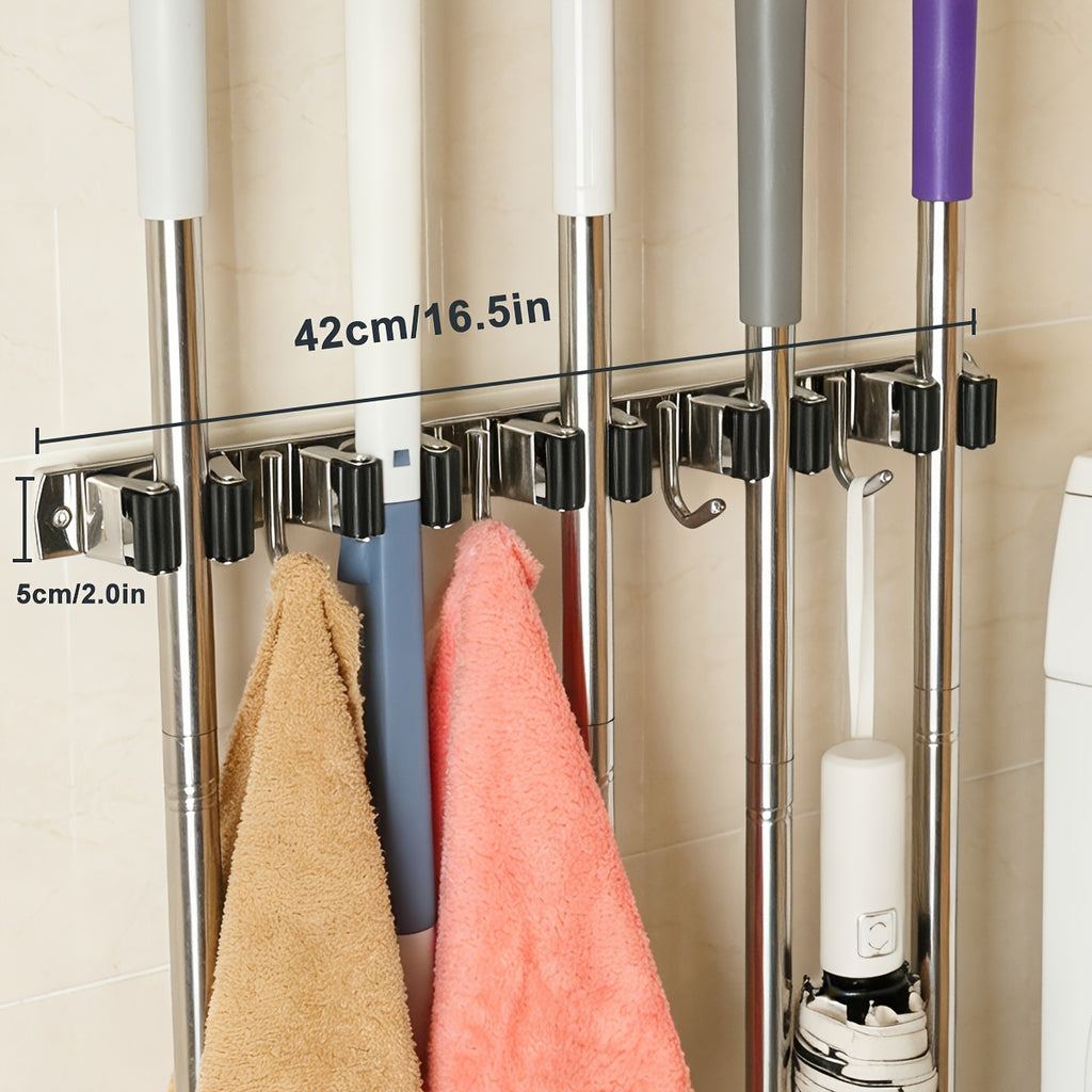 Stainless Steel Mop and Broom Holder with Self-Adhesive Wall-Mount Design, Three-Rack Two-Hook or Five-Rack Four-Hook Styles in One or Two Pack Options for Utility Storage