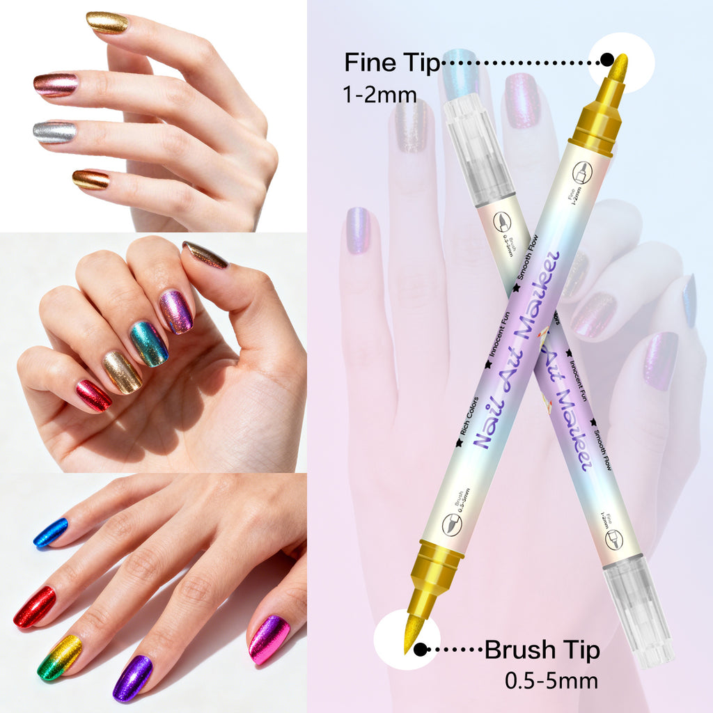 Dual-Tip Nail Art Markers 24-Piece Set, 12 Metallic and 12 Dopamine Color Acrylic Paint Pens for Graffiti-Inspired DIY Manicure Designs at Home or Salon