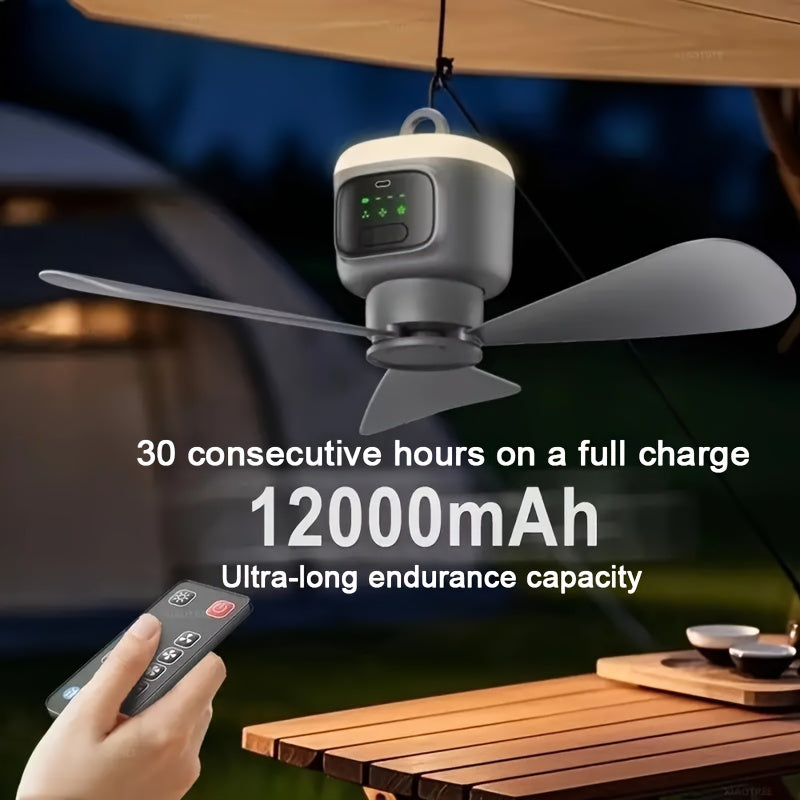 Large-Blade Rechargeable Camping Fan with Remote Control, Three Airflow Speeds and Listed 12000mAh Capacity for Home, Tent, Balcony, Office and Travel Use