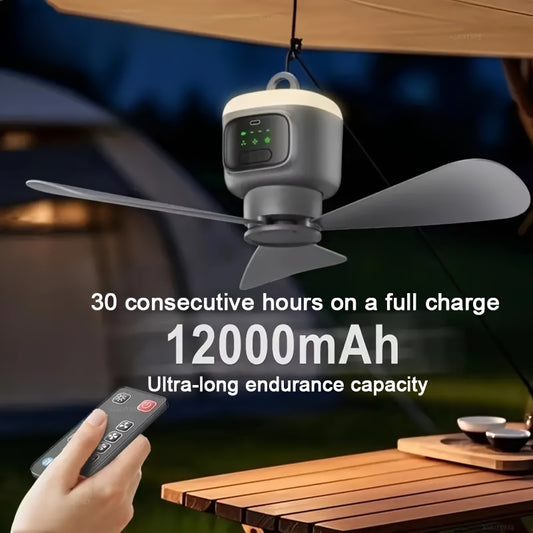 Large-Blade Rechargeable Camping Fan with Remote Control, Three Airflow Speeds and Listed 12000mAh Capacity for Home, Tent, Balcony, Office and Travel Use