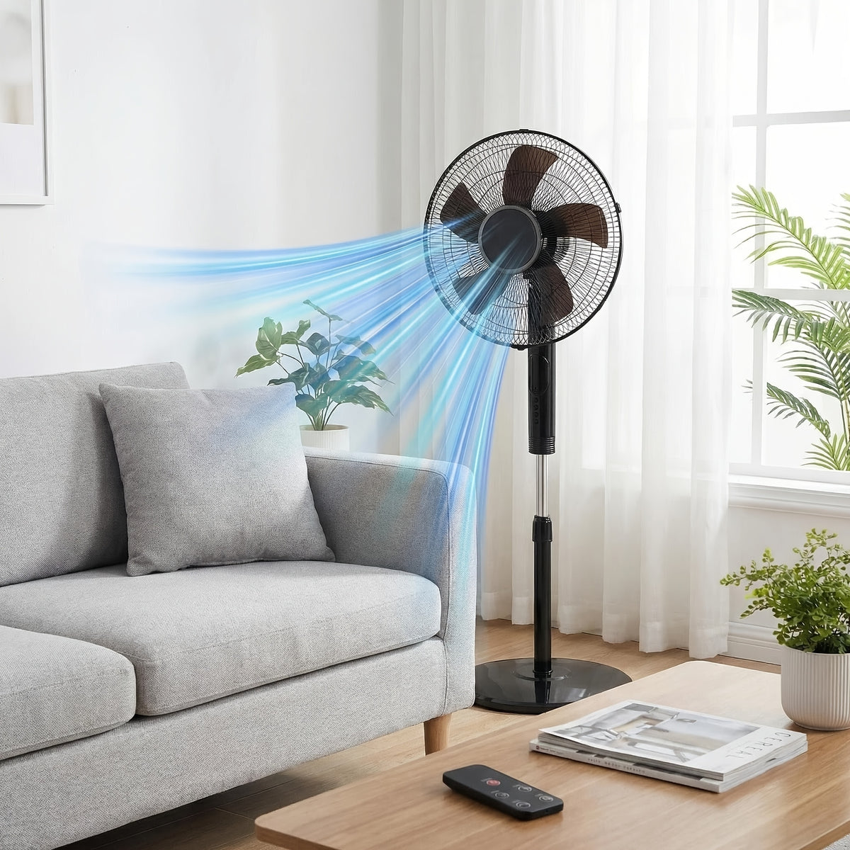 Adjustable Height Pedestal Fan in Black with Remote Control, 45–53 Inch Standing Design, 80° Oscillation, Three Speeds, Three Modes and 12-Hour Timer
