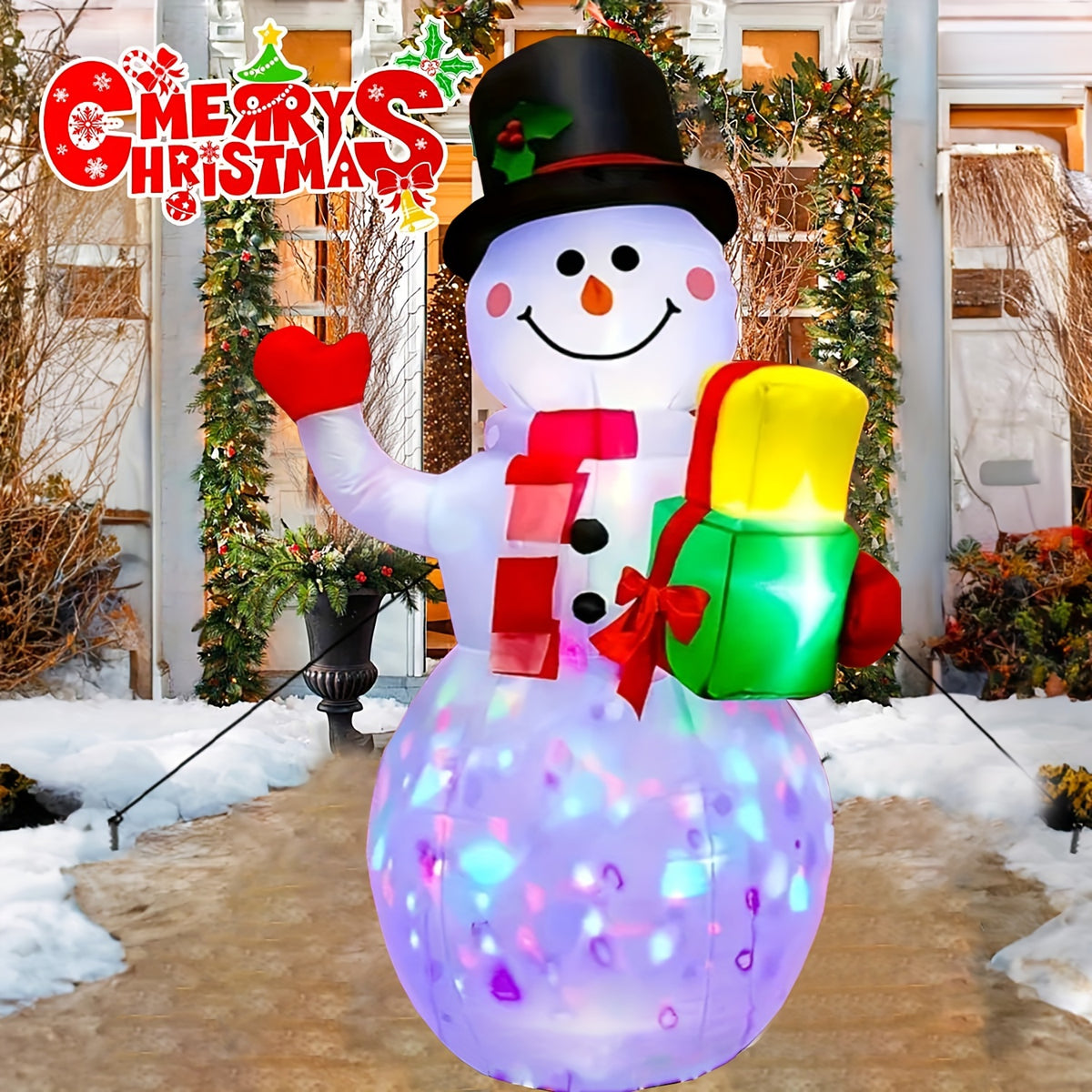 Rotating LED Inflatable Snowman, 5ft Christmas Blow-Up Decoration with Colorful 360-Degree Lighting for Indoor Displays, Outdoor Yards and Gardens