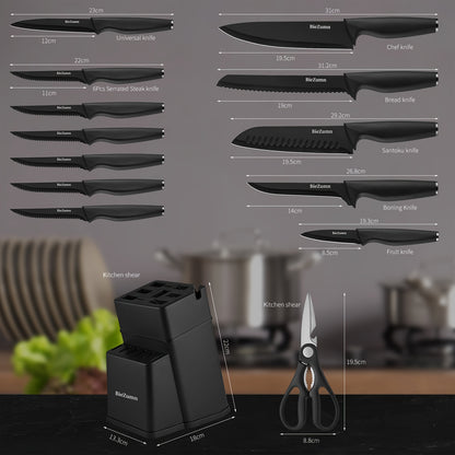 BieZumn Kitchen Knife Set with Black 3-Piece or 14-Piece Options for Everyday Home Cooking, Fruit Preparation and Meal Prep, Multi-Purpose Kitchen Cutlery Selection