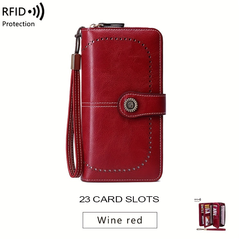Women's RFID Blocking Wristlet Wallet, Large Capacity Long Zipper Purse with 12 or 23 Card Slot Options for Passport and Compatible Phone Storage