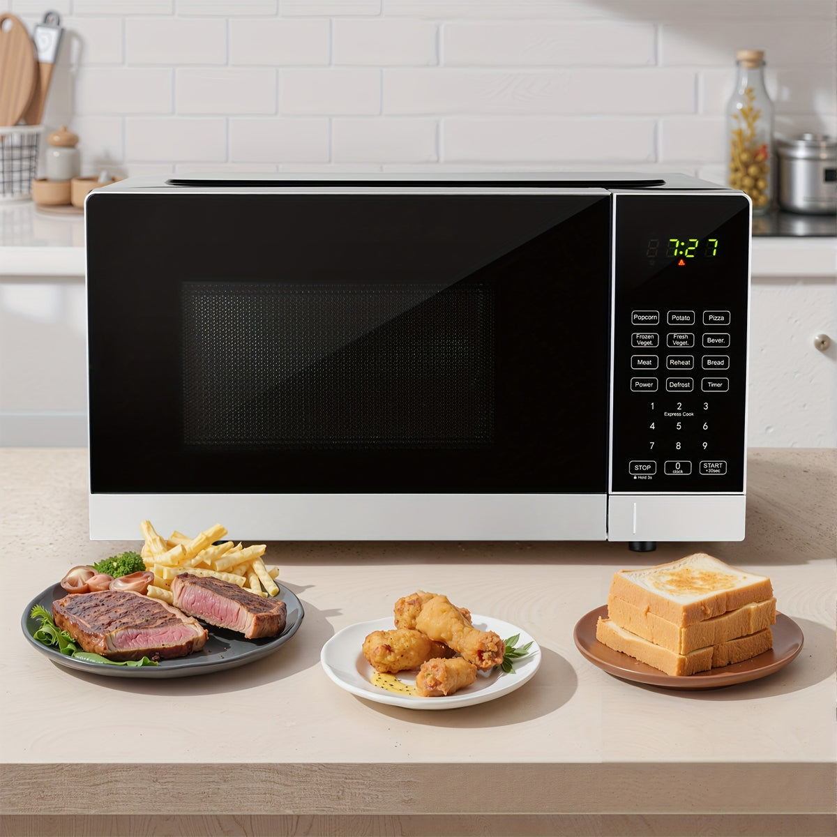 Countertop Microwave Oven by AMZCHEF, 0.7 Cubic Feet Compact Tabletop Appliance with Listed 9 Preset Recipes, Defrost and Clock Functions for Everyday Meals