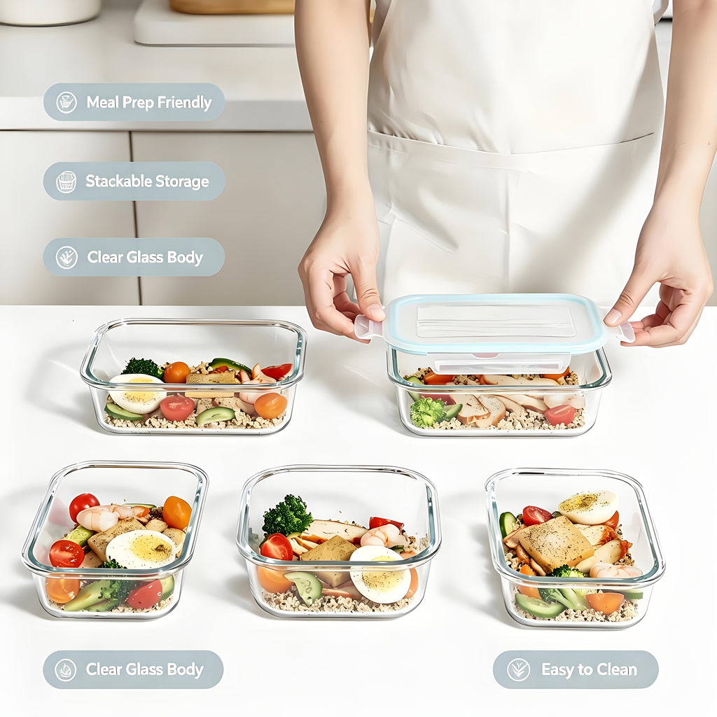 Glass Food Storage Containers for Bento Lunch Portions and Everyday Meal Prep, Listed Eight-Piece Kitchen Organization Set in Pink, Gray, Blue or Green