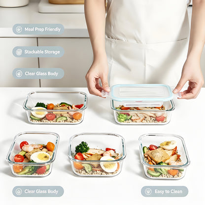 Glass Food Storage Containers for Bento Lunch Portions and Everyday Meal Prep, Listed Eight-Piece Kitchen Organization Set in Pink, Gray, Blue or Green