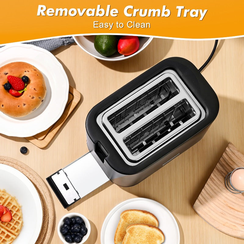 Compact 2 Slice Toaster by TomaChef, 700W with 7 Browning Settings and Removable Crumb Tray for Bread, Bagels and Waffles, Pitch-Black or Off-White