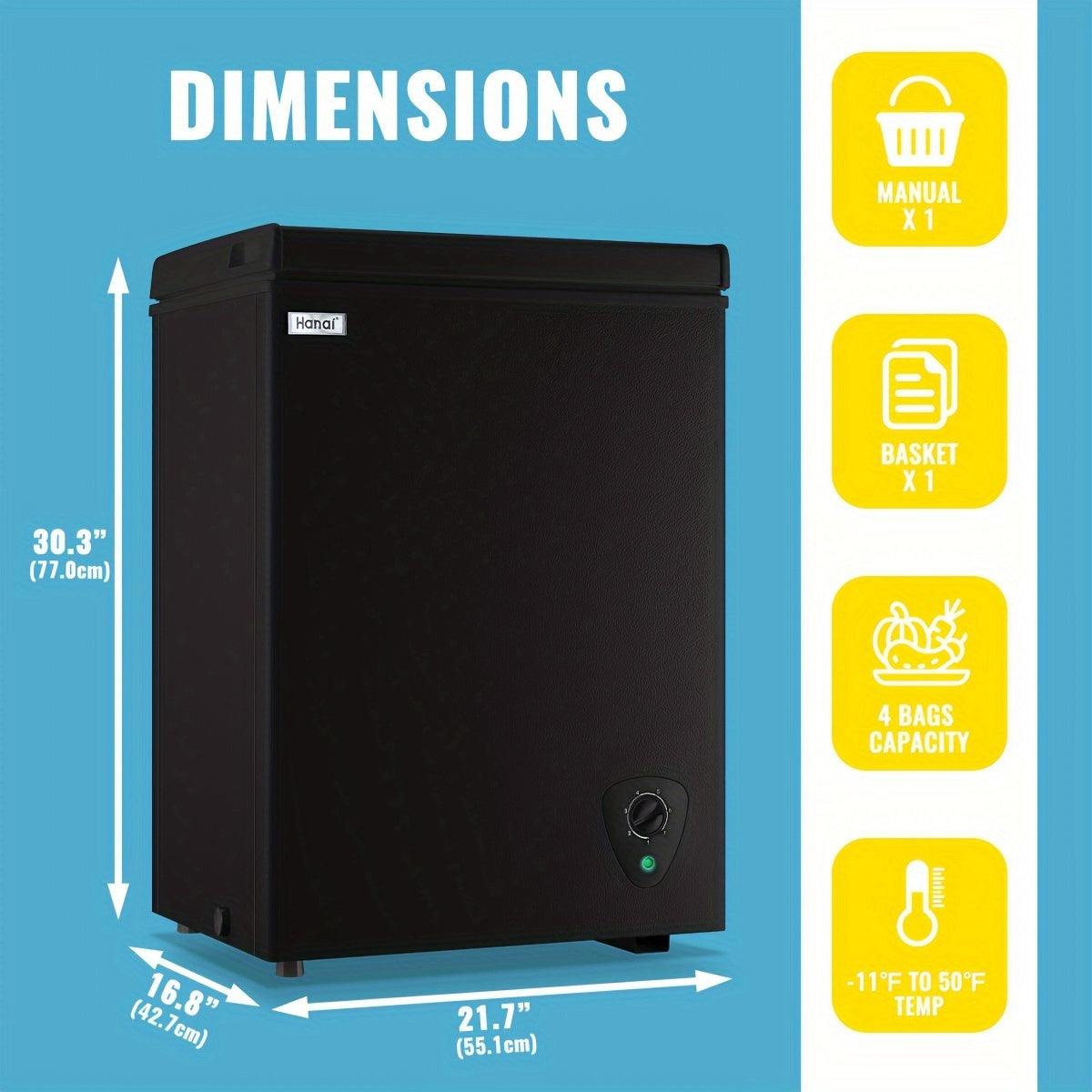 Compact Chest Freezer by WANAI with Seven Temperature Settings, Removable Basket and Top-Opening Hinged Door, WA-Black or WA-White Options for Home Storage