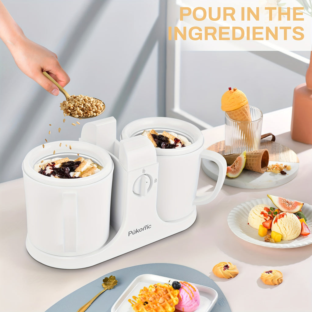 Automatic Ice Cream Maker for Home, Two-Cup Design Makes Two Flavors of Ice Cream, Sorbet and Frozen Yogurt at Once, Healthy Ingredients Control, Easy-Clean Separated Cups, Summer Dessert Machine for Kids Parties and Family