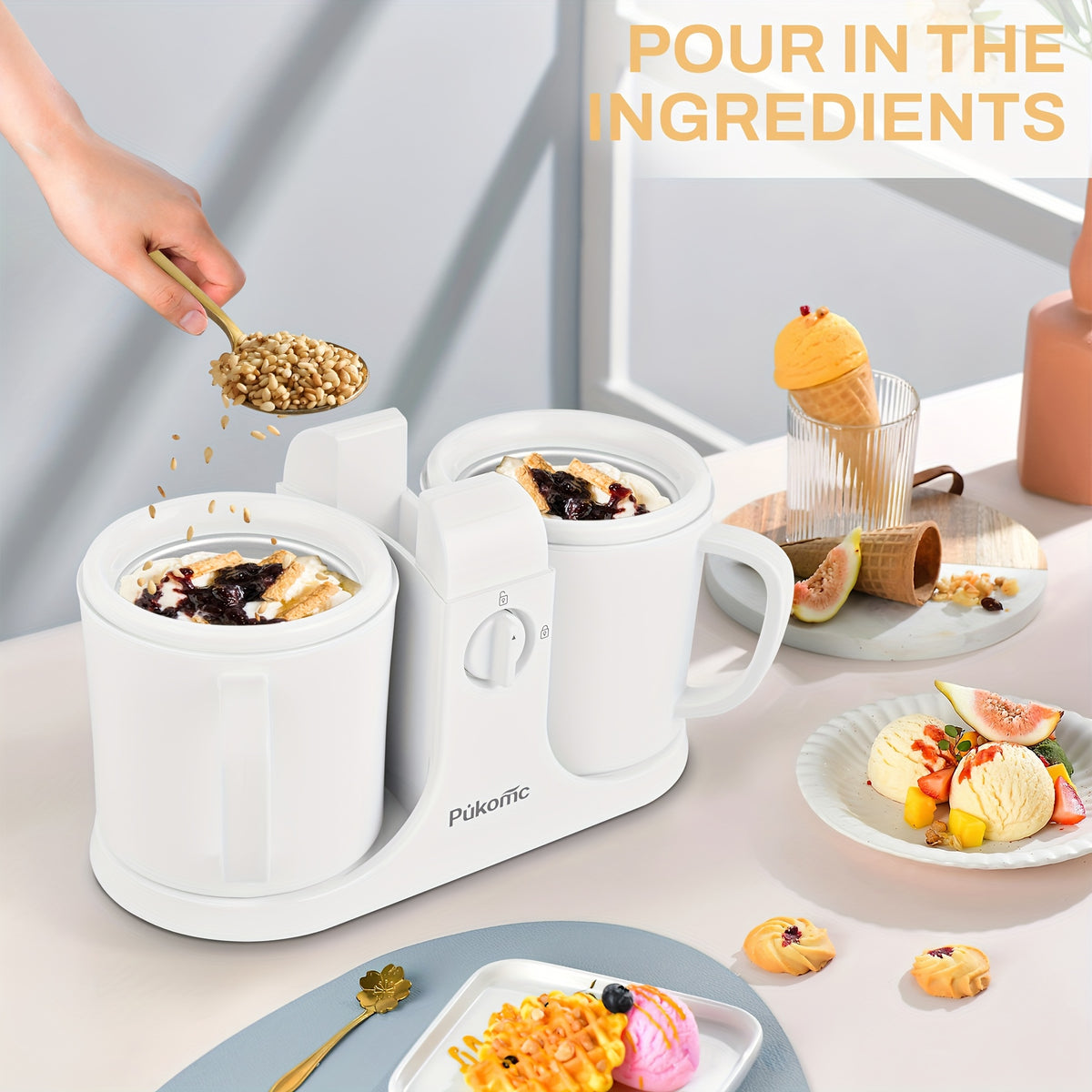 Automatic Ice Cream Maker for Home, Two-Cup Design Makes Two Flavors of Ice Cream, Sorbet and Frozen Yogurt at Once, Healthy Ingredients Control, Easy-Clean Separated Cups, Summer Dessert Machine for Kids Parties and Family