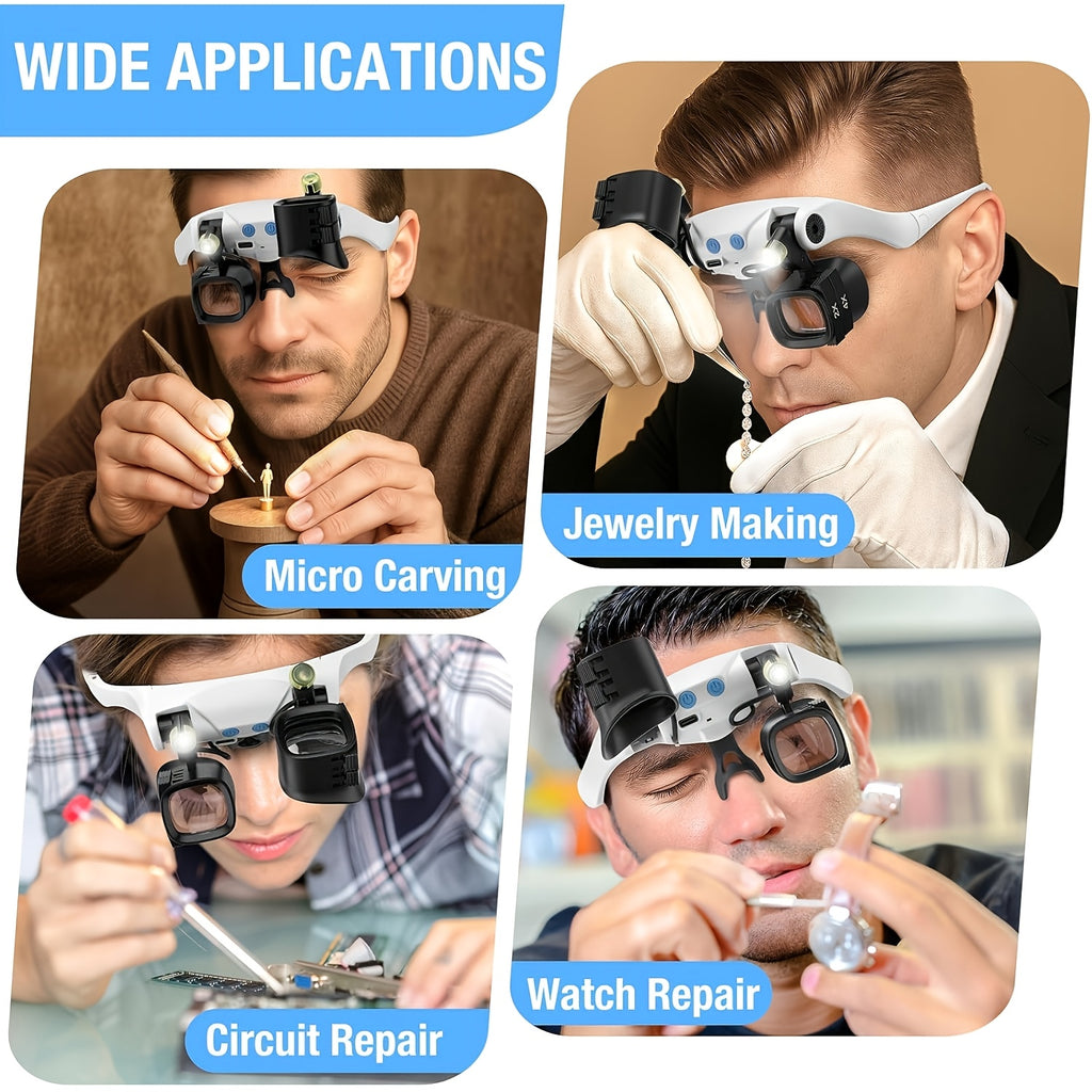 Head-Mounted Magnifying Glass with Light for Watch Repair and Model Making, Interchangeable Lens Design for Hands-Free Detailed Crafts and Hobby Work