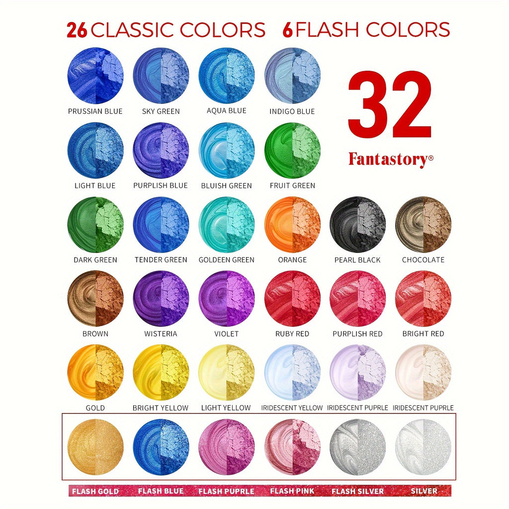 Pearlescent Mica Powder by Fantastory, 32-Color Pigment Art Set for Compatible Epoxy Resin Projects, Decorative Casting and Creative Handmade Craft Designs