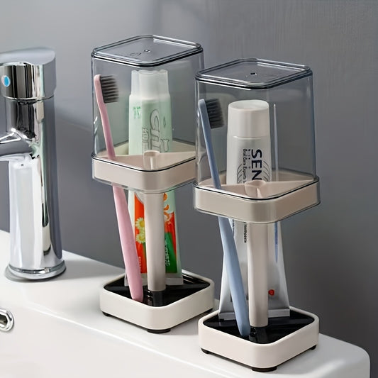 Wall-Mounted Toothbrush Holder in White with Listed Mouthwash Cup, Bathroom Wall Organizer for Daily Oral Care Storage in Shared Homes and Dorm Spaces