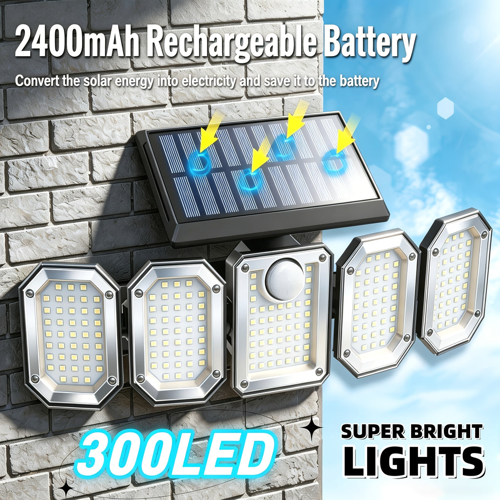 Five-Head Solar Motion Sensor Light with Listed 300 LEDs, 6500K Color Temperature, Remote Control and IP65 Rating, Single-Piece Outdoor Floodlight for Yard and Garage
