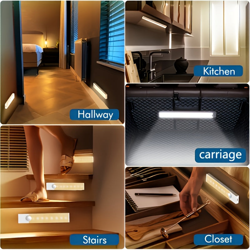 Rechargeable LED Motion Sensor Cabinet Lights, USB Wireless Under Cabinet Lighting, 3 Modes, Magnetic Stick-On Night Light Bar for Kitchen, Closet, Hallway, Stairs, Bedroom, 6/9/12-Pack, 3 Sizes