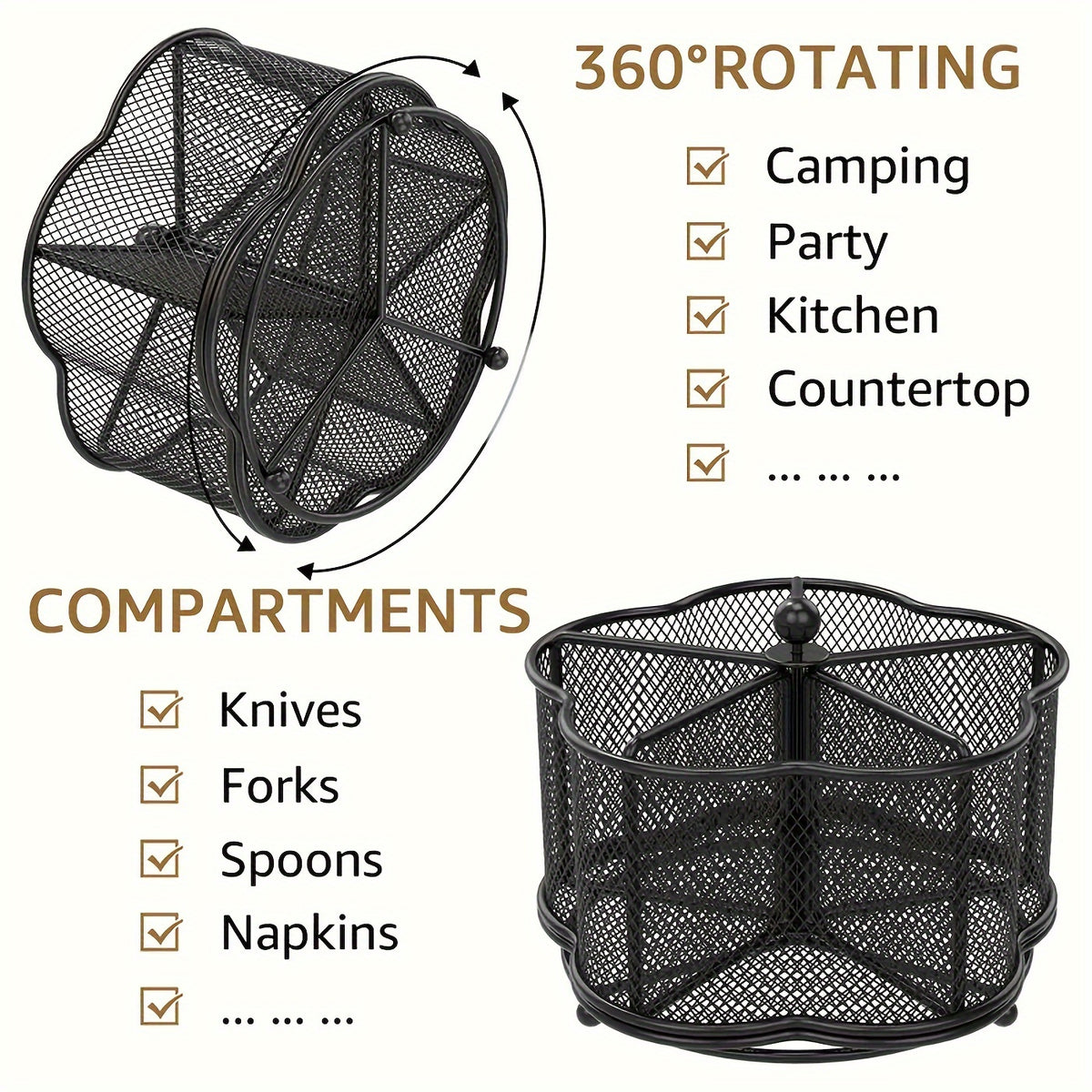 Rotating Metal Utensil Caddy, Five-Compartment Flower-Shaped Mesh Cutlery Organizer with 360-Degree Rotation and Weighted Base for Kitchen Counters and Buffets