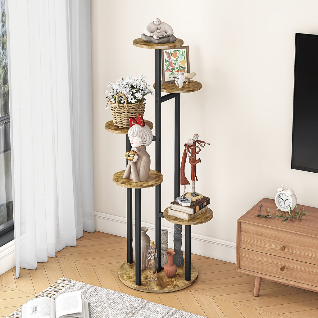Six-Tier Metal Plant Stand by SUOERNUO with Listed Nine-Pot Display Layout, EVA Base Pads and Black or White Options for Indoor Corner Decor