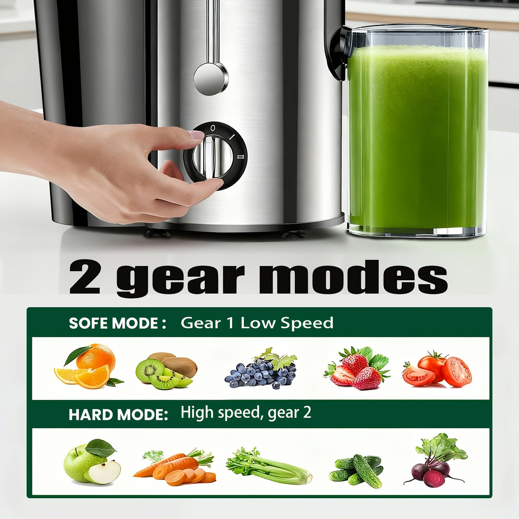 Multifunction Juice Extractor in Black with 3-Inch Feed Opening, Three Speed Settings, One-Touch Operation and Detachable Parts for Fruit and Vegetable Preparation
