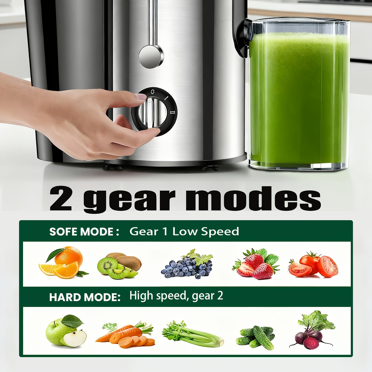 Multifunction Juice Extractor in Black with 3-Inch Feed Opening, Three Speed Settings, One-Touch Operation and Detachable Parts for Fruit and Vegetable Preparation