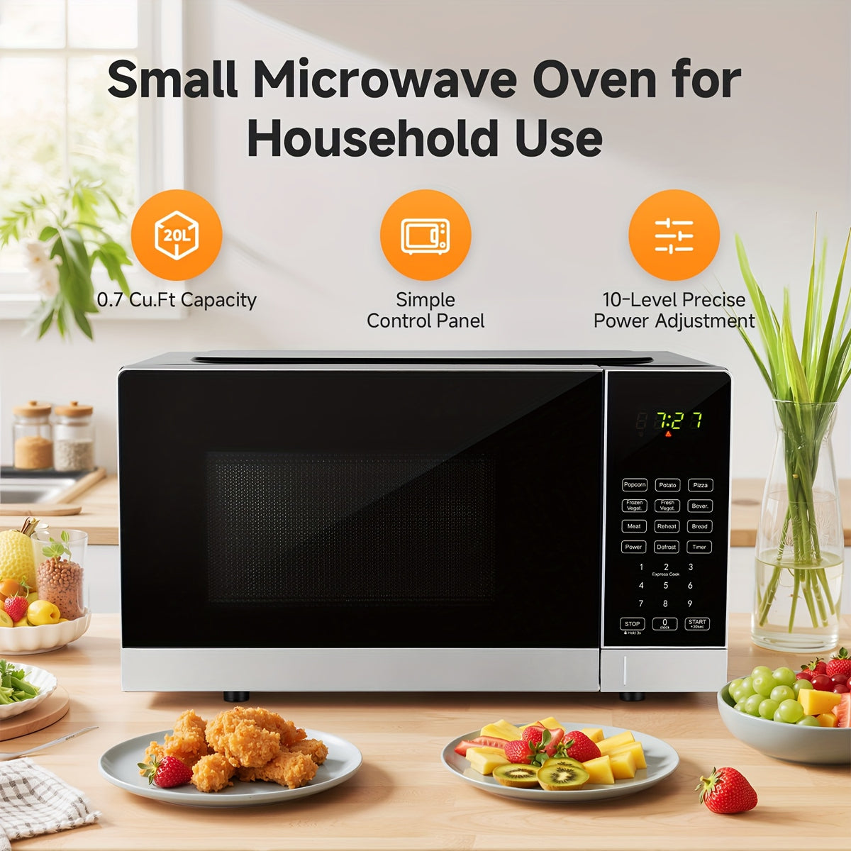 Countertop Microwave Oven by AMZCHEF, 0.7 Cubic Feet Compact Tabletop Appliance with Listed 9 Preset Recipes, Defrost and Clock Functions for Everyday Meals