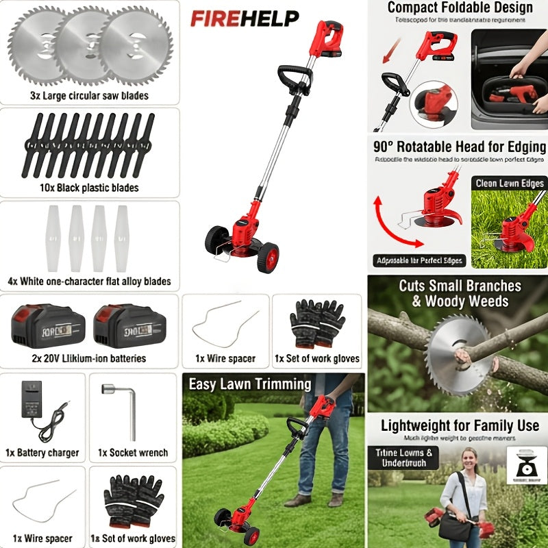 Rechargeable Garden Grass Trimmer with Cordless Electric Operation, Listed Three Blade Types and Selected Dual 2Ah Battery Packages for Home Lawn and Yard Care