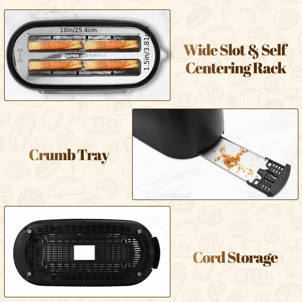 TESSLUX Four Slice Touchscreen Toaster with 1.5-Inch Wide Long Slots, Six Browning Levels and Bread Types, Digital Timer, Memory, Defrost and Reheat