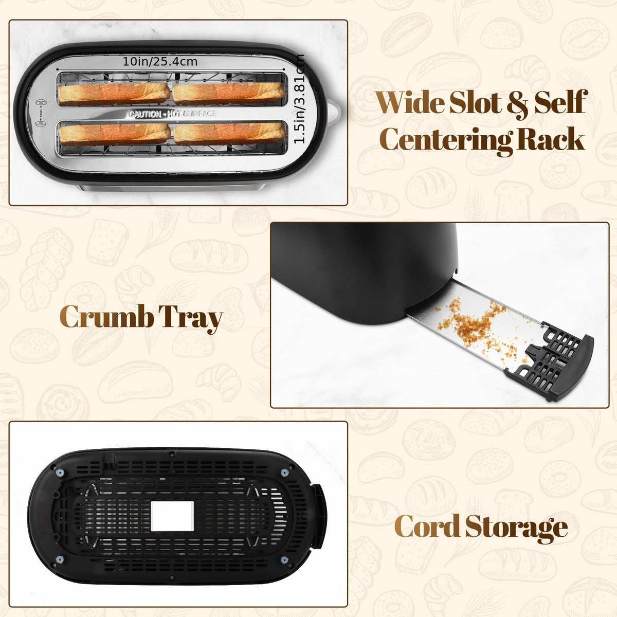 TESSLUX Four Slice Touchscreen Toaster with 1.5-Inch Wide Long Slots, Six Browning Levels and Bread Types, Digital Timer, Memory, Defrost and Reheat