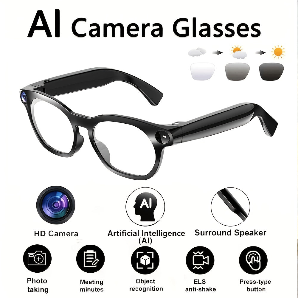 AI Camera Glasses in Black with Photochromic Lens Option, Listed 8MP Camera, 320mAh Battery, Touch-Control Audio, Calls and Translation for Travel and Work