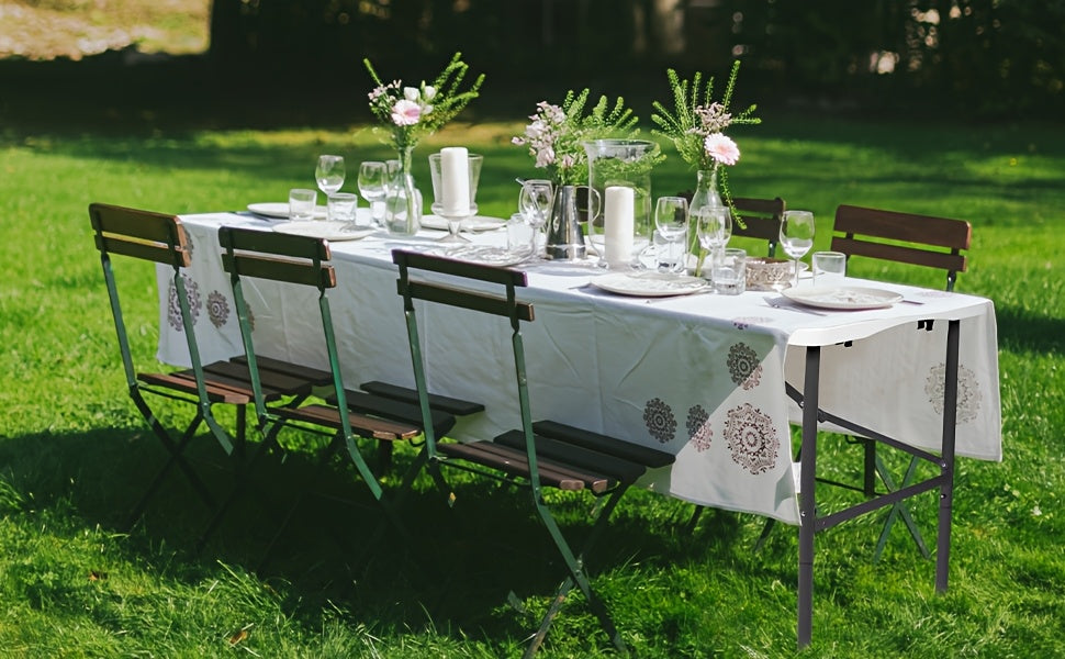 White Plastic Folding Table with Rectangular Center-Fold Design and Carrying Handle, Portable Dining and Serving Surface for Picnics and Backyard Gatherings