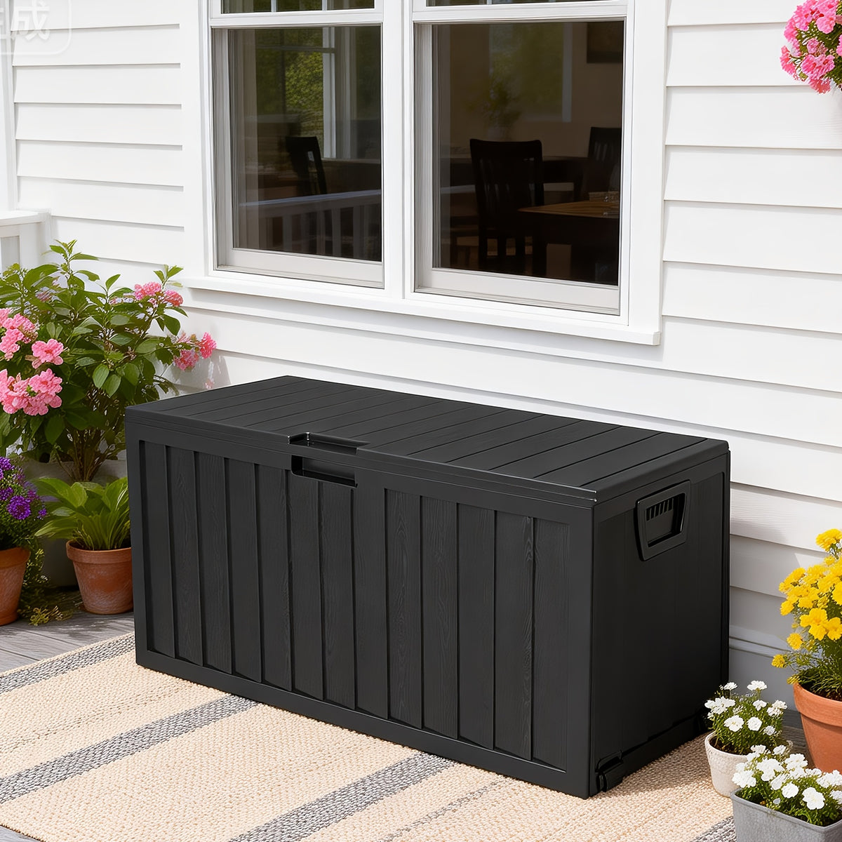 Outdoor Deck Storage Box in Black with Listed 75-Gallon Capacity, Locking Hole and Bottom Casters for Organizing Compatible Patio, Porch and Garden Essentials