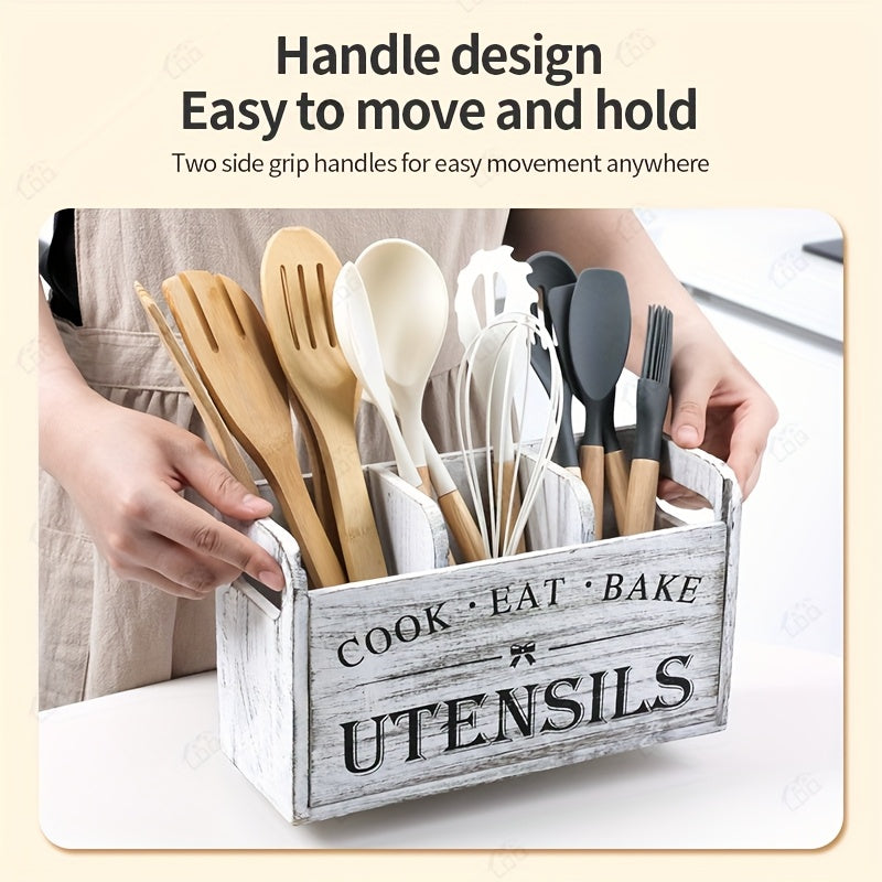Wooden Kitchen Utensil Holder by LDQ, Rustic Countertop Organizer in Black or White with Two-Compartment Options for Forks, Spoons and Whisks