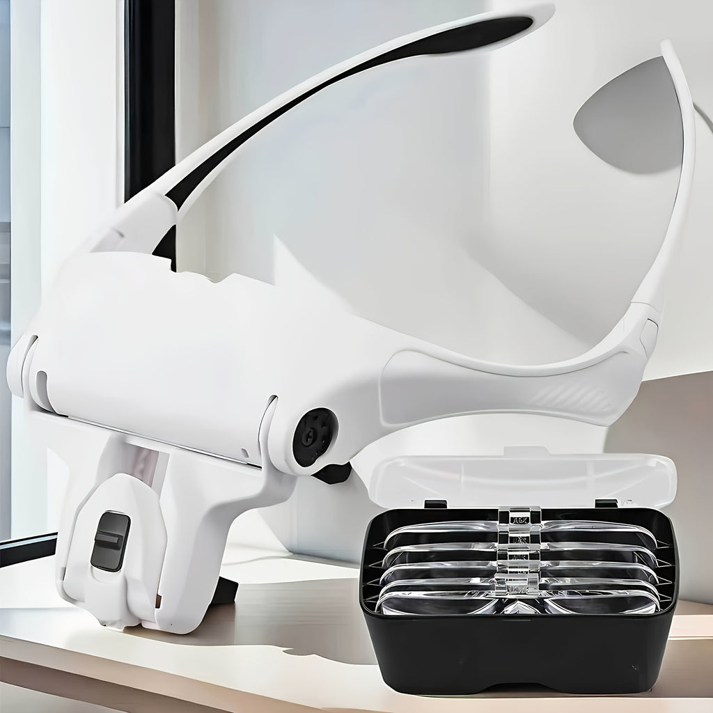LED Head Magnifier in White with Adjustable Headband and Five Interchangeable Lenses from 1X to 3.5X for Reading, Jewelry Crafts, Models and Detail Inspection