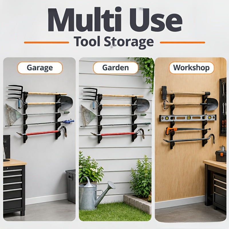 Wall Mount Tool Rack 2-Pack in Black, Space-Saving Garden and Garage Tool Organizer for Shed Storage, Home Workshops and Utility Areas