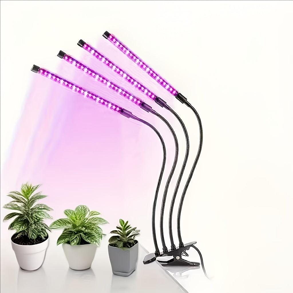 Clamp LED Grow Light with One, Three or Four-Tube Options, Listed Five Brightness Levels and 3, 9 or 12-Hour Timer for Indoor Plant Care and Home Gardening