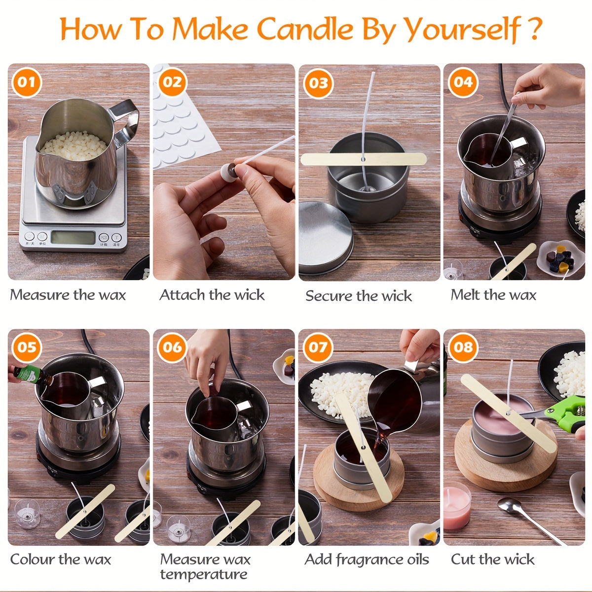 Candle Making Starter Kit with Listed Soy Wax, Essential Oil, Colored Wax Block, Pouring Cup, Spoon, Storage Jar and Wick for Adult Beginner DIY Candle Projects