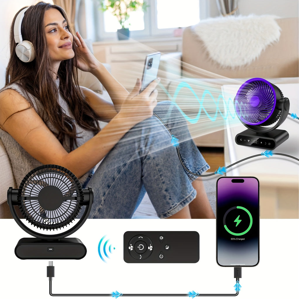 9-Inch Oscillating Camping Fan with Remote Control, 5 Speeds and 12 Warm LEDs, Listed 20000mAh or 40000mAh Options for Campsite Airflow and Home Use
