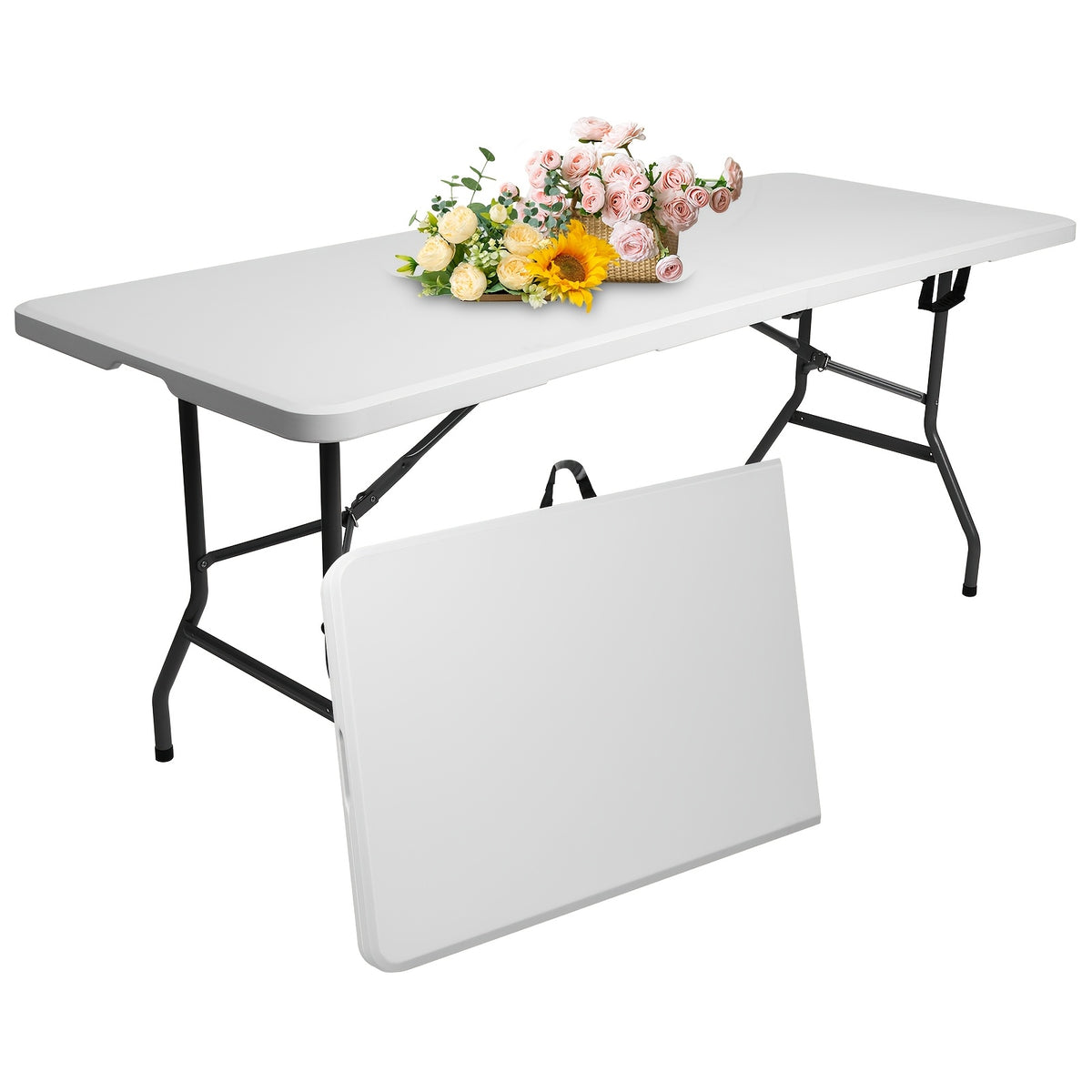 White Plastic Folding Table with Rectangular Center-Fold Design and Carrying Handle, Portable Dining and Serving Surface for Picnics and Backyard Gatherings