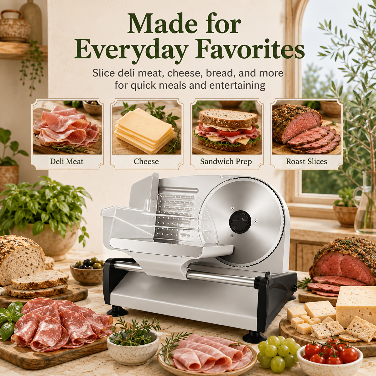 Electric Deli Meat Slicer with 200W Model Label, Listed 7.5-Inch Removable Serrated Stainless Steel Blade, Adjustable Thickness and Safety-Lock Controls for Home Food Prep
