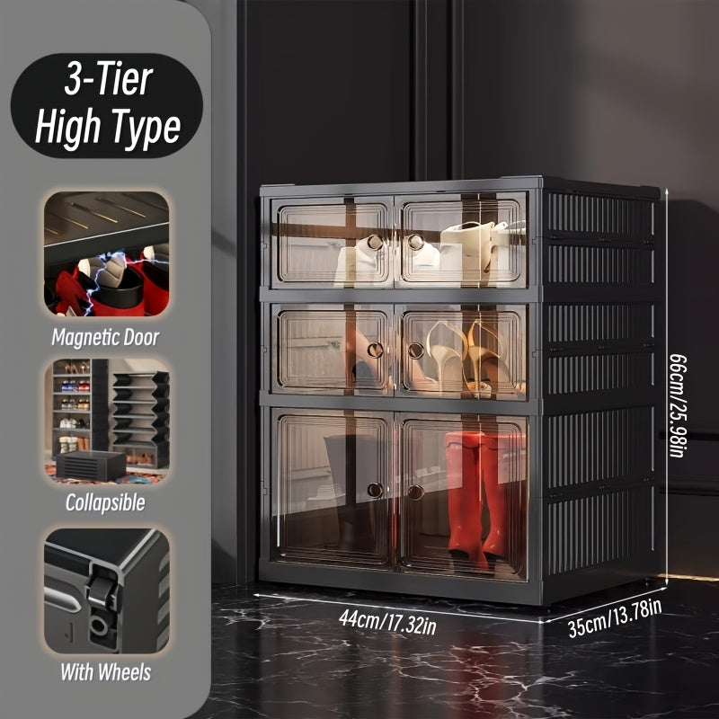 Foldable Shoe Cabinet with Clear Magnetic Doors, Tool-Free One-Piece Design and Listed 3, 6 or 9-Tier Options for Entryway and Hallway Storage