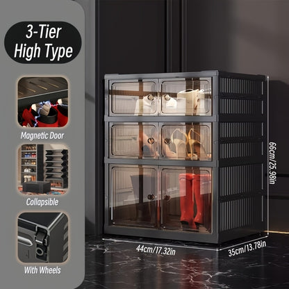 Foldable Shoe Cabinet with Clear Magnetic Doors, Tool-Free One-Piece Design and Listed 3, 6 or 9-Tier Options for Entryway and Hallway Storage