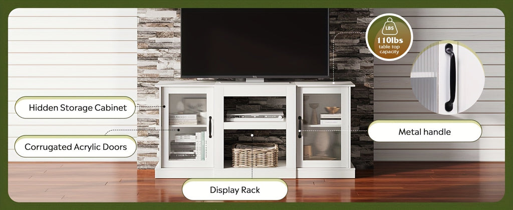 Retro TV Stand with Open Storage Shelves, Black, Rustic Brown or Greige Media Console for Compatible Television Setups in Living Rooms and Bedrooms