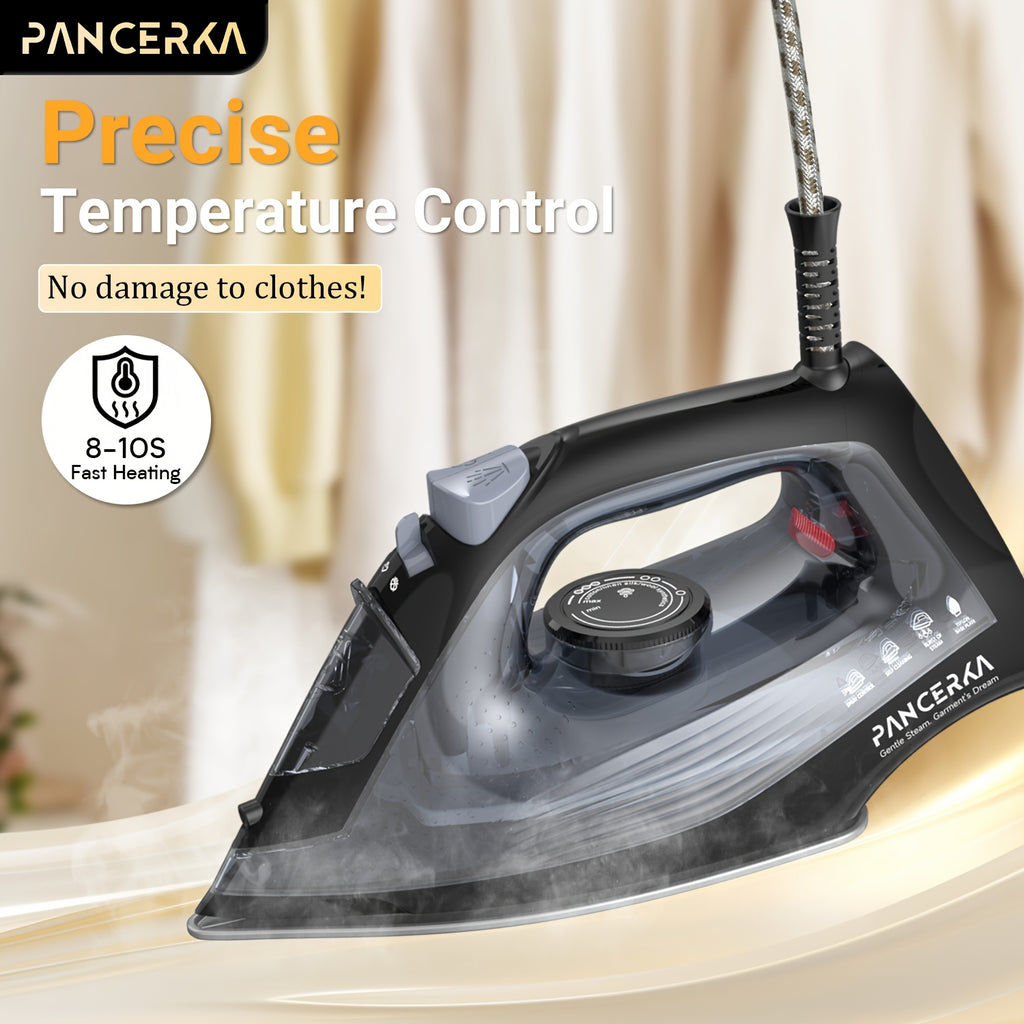 Adjustable Thermostat Steam Iron by PANCERKA, Black Clothes Iron with Listed 1200W Power, Nonstick Soleplate, Variable Steam Control and Overheat Protection Wording
