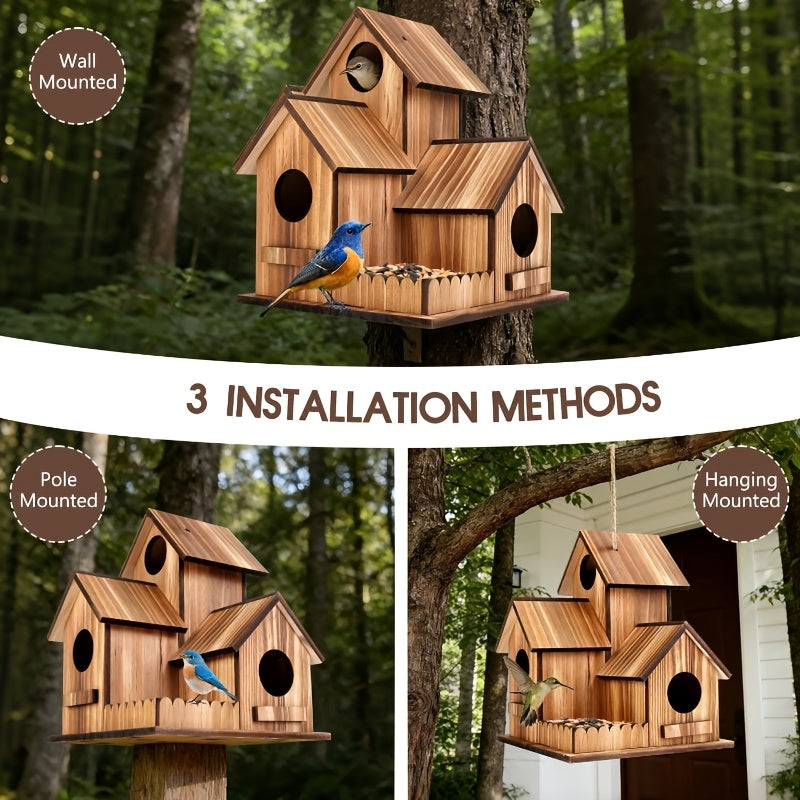 Hanging Bird House with Three Listed Openings and Artificial Wood Material Reference, Garden Shelter Design for Decorative Yard Displays and Birdwatching Areas