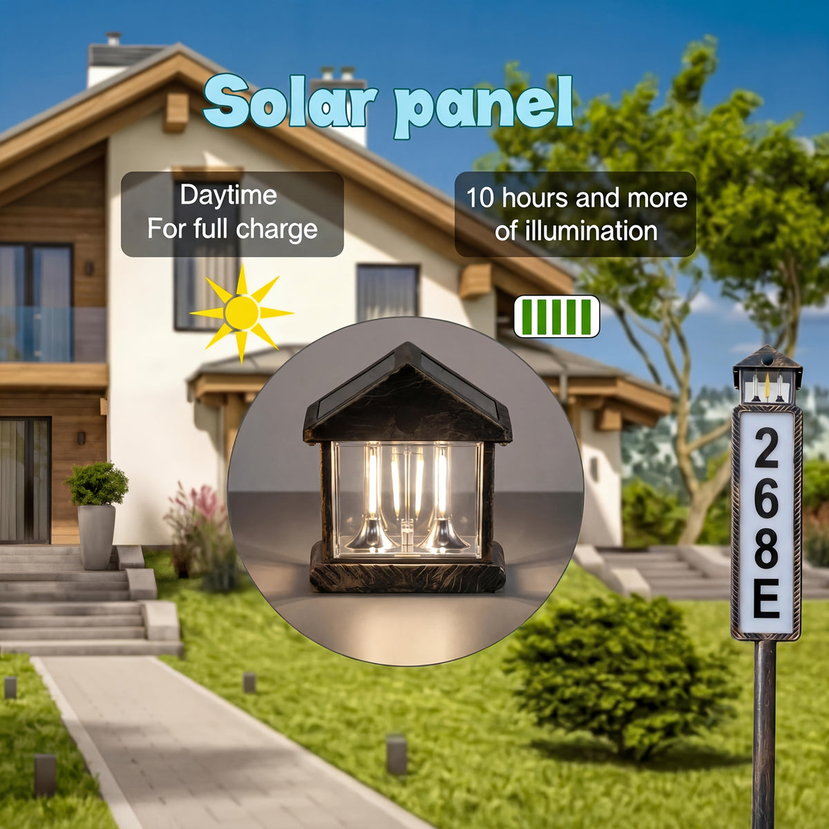 Solar LED Address Sign, House Number Display Board with Three Adjustable Color Mode Label, Black or Retro Design Options for Entryways and Courtyards