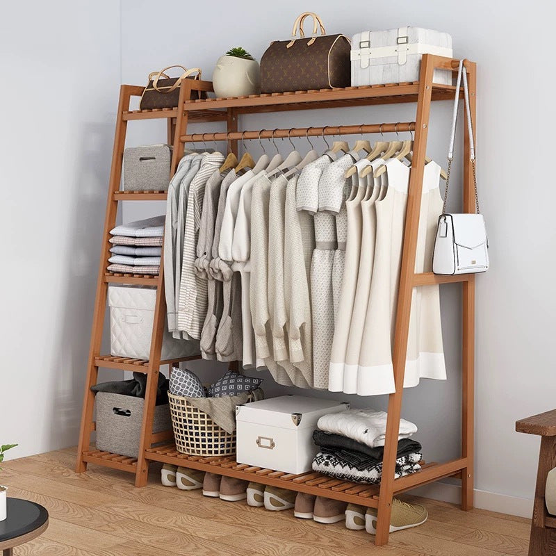 Bamboo Garment Rack with Adjustable Shelves, Five Side Storage Racks and Hat Hooks for Bedroom Organization, Brown or Nature with Four Size and Bag Option Labels