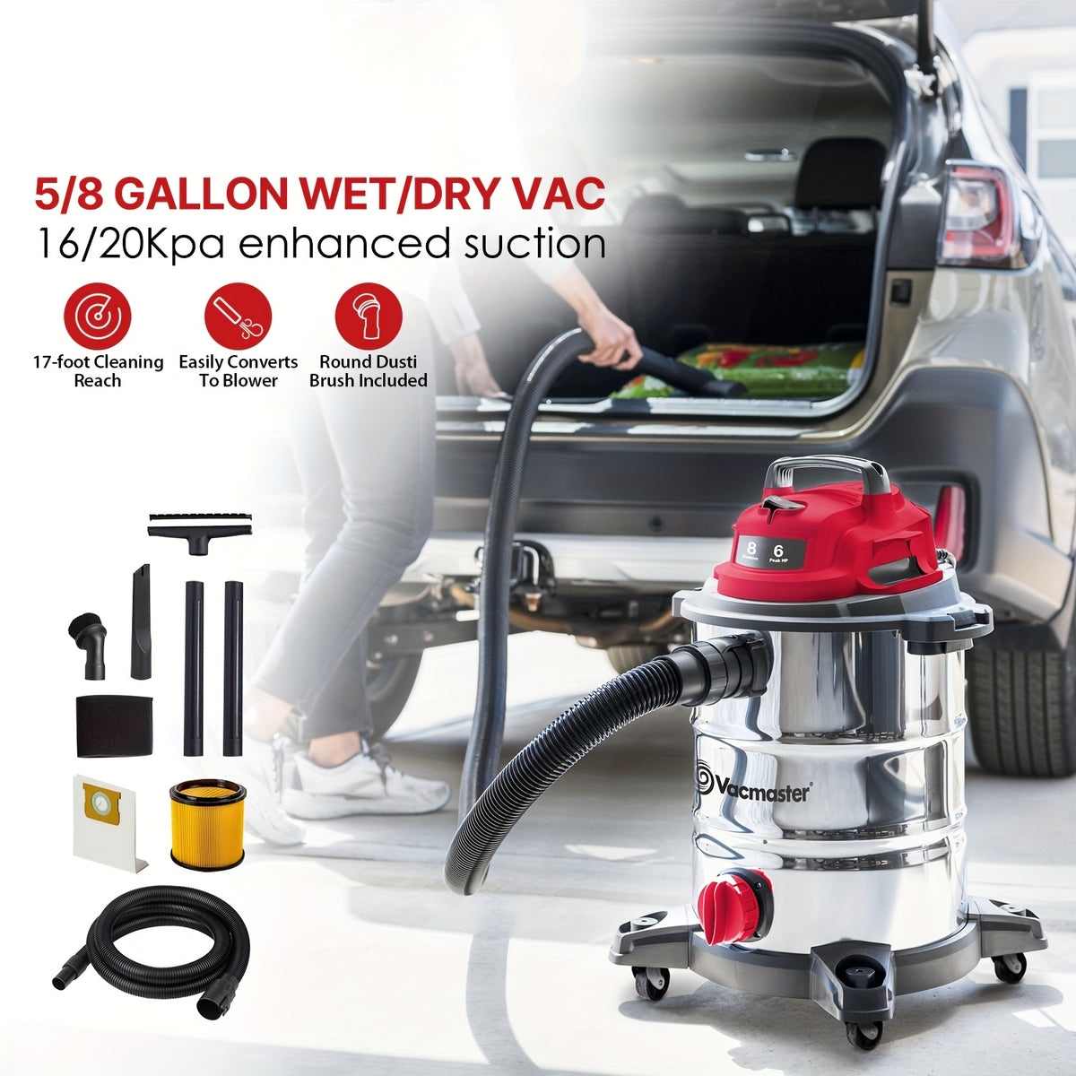 Shop Vac Stainless Steel Wet Dry Vacuum 5 Gallon/8 Gallon, 16KPa/20KPa Powerful Suction with Blower, 90/103 CFM and 10ft Power Cord for Dog Hair, Garage, Car Detailing, Home, Workshop and Job Site Cleanup